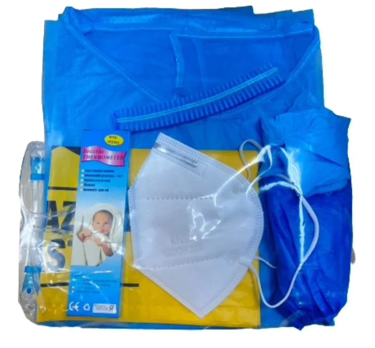 Complete Set of Covid-19 PPE Kit Content Biohazard Yellow Disposable Bags: 1 pcs Shoe Cover : 1 pair Hair Net: 1 pc Disposable Blue Isolation Gown: 1 pc N95 mask: 1 pc Blue Nitrile Gloves: 1 Pair Face Shield with head strap and cushioning: 1 pc Zip Lock Bag: 1 pcs Picture is for illustration purpose, contents are subjected to change