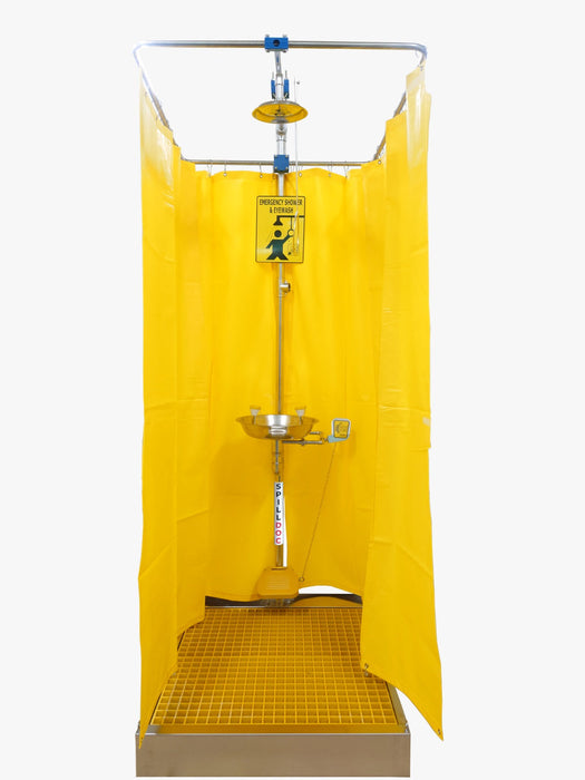 Spilldoc Curtain Booth Type Emergency Shower & Eyewash Station with waste water containment sink SDCBSE304