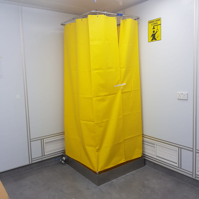 Spilldoc Curtain Booth Type Emergency Shower & Eyewash Station with waste water containment sink SDCBSE304